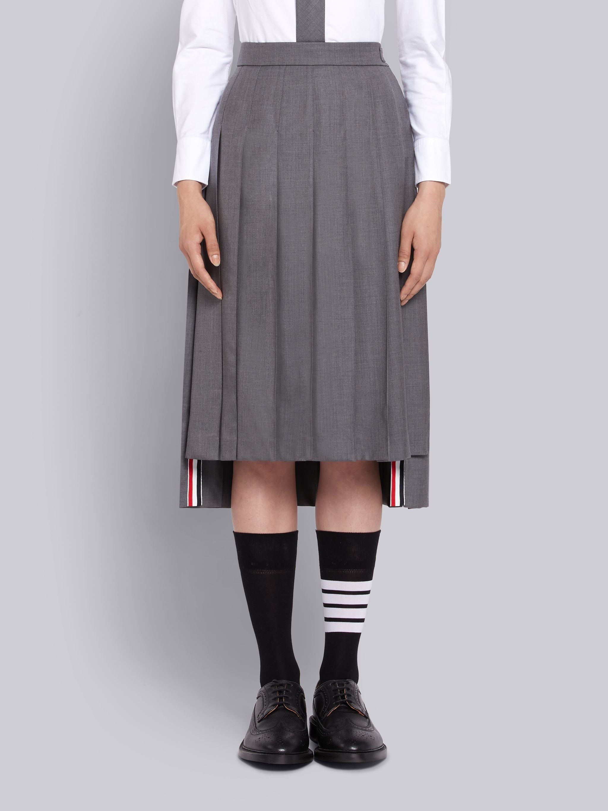 Medium Grey School Uniform Plain Weave Below-the-knee Pleated Skirt - 1