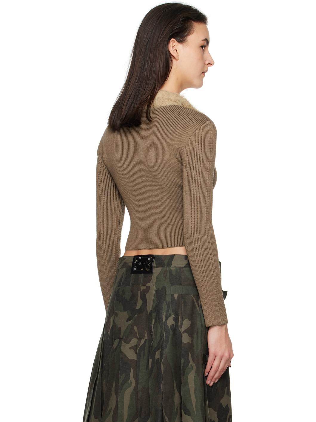 Brown Lace-Up Knit Cardigan - 3