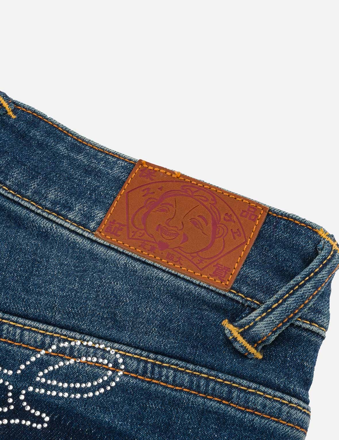 “EV” Rhinestone Embellished Loose Fit Denim Shorts - 7