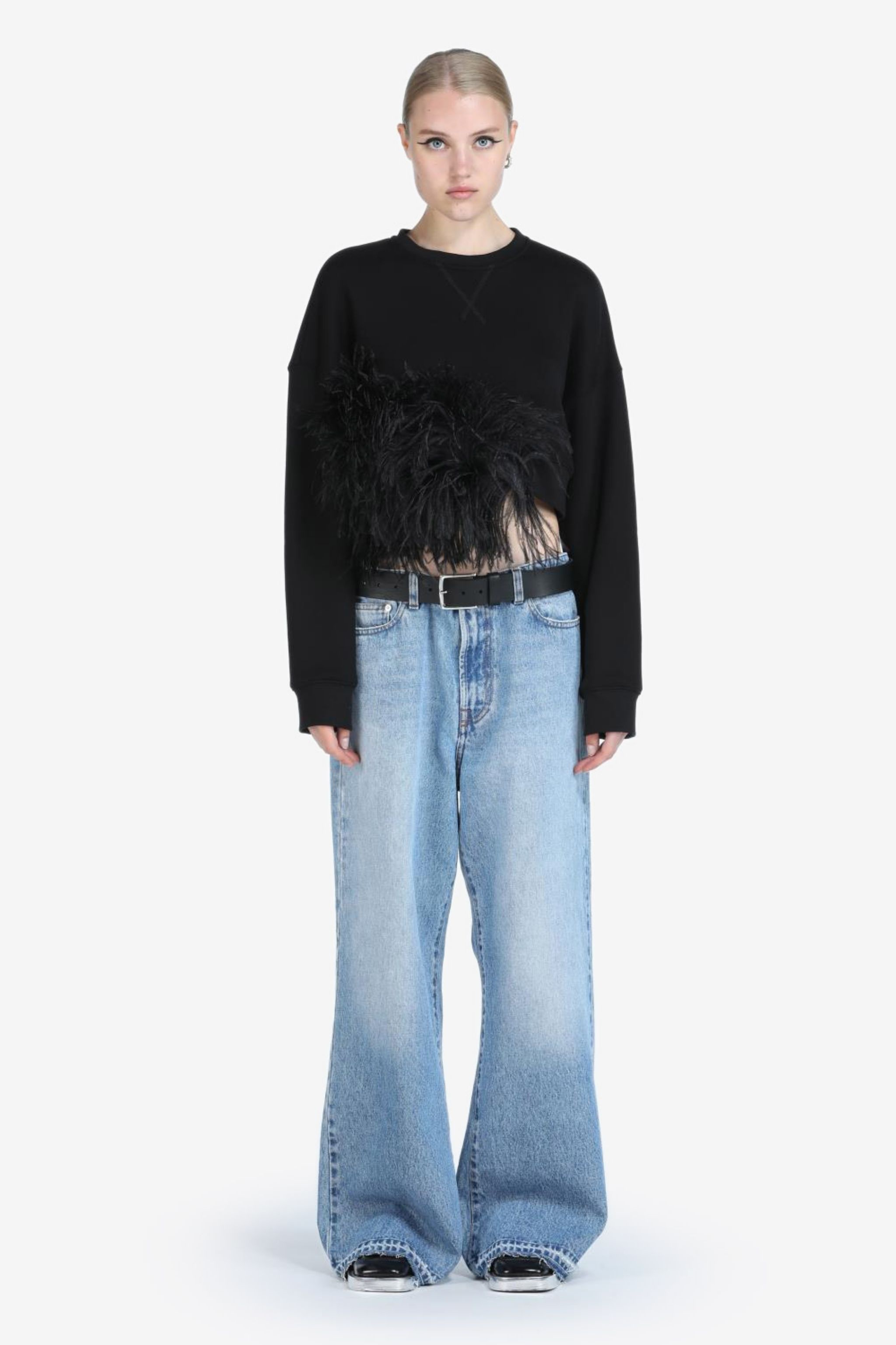 FEATHER-TRIMMED CROPPED SWEATSHIRT - 4