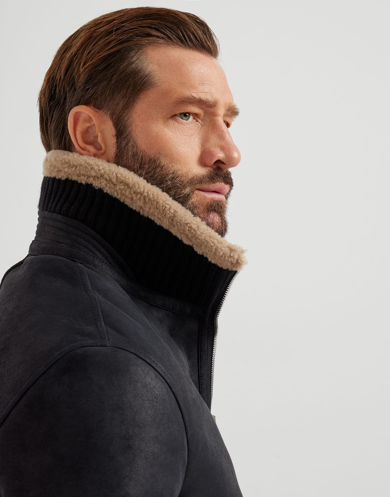 Nubuck-effect shearling bomber jacket with cashmere knit collar 3