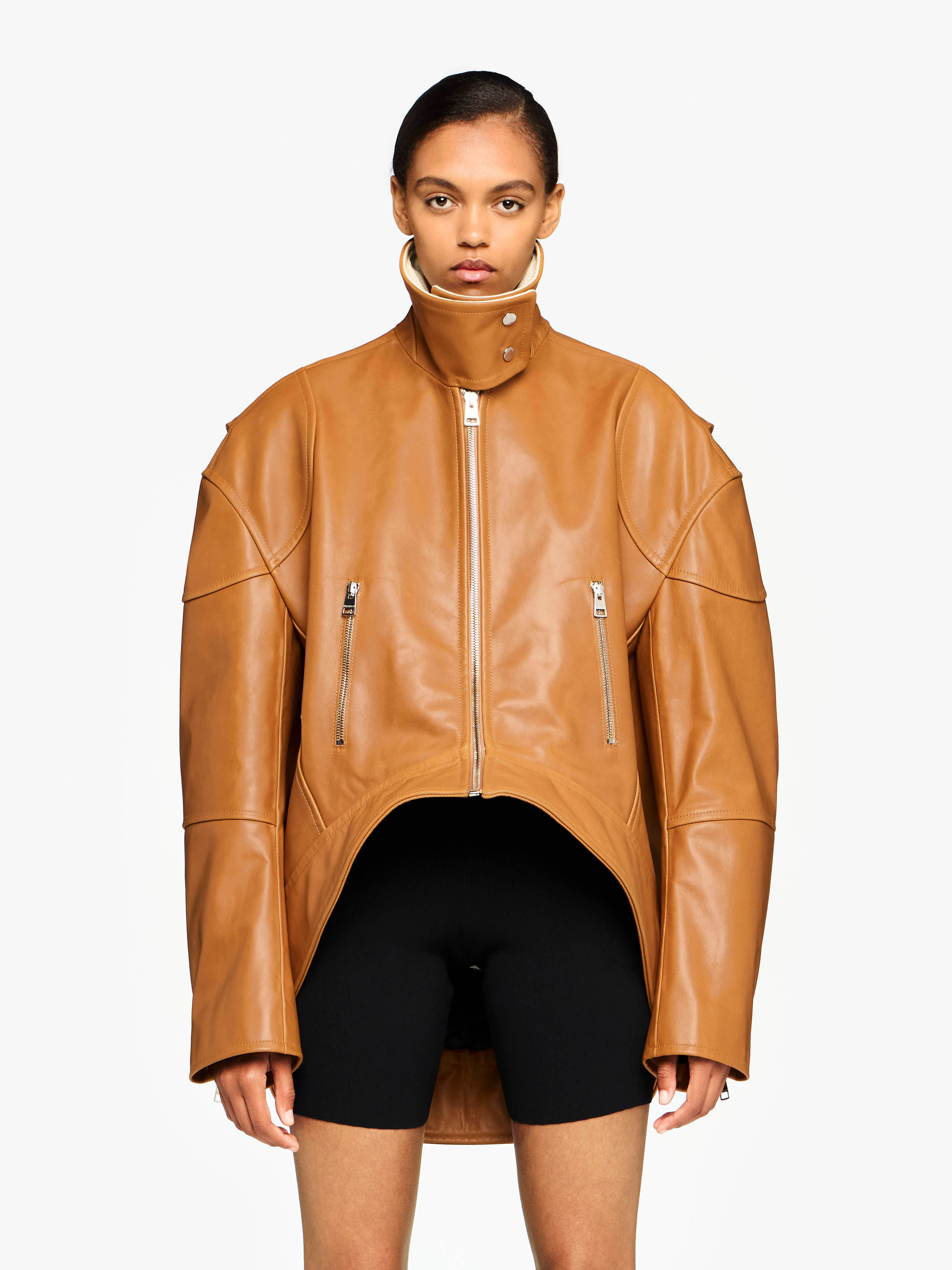 CURVED LEATHER HEM HIGH NECK JACKET - 2