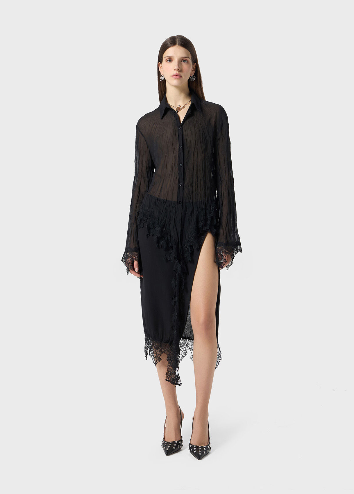 CHIFFON SHIRT WITH LACE FLOUNCE - 5