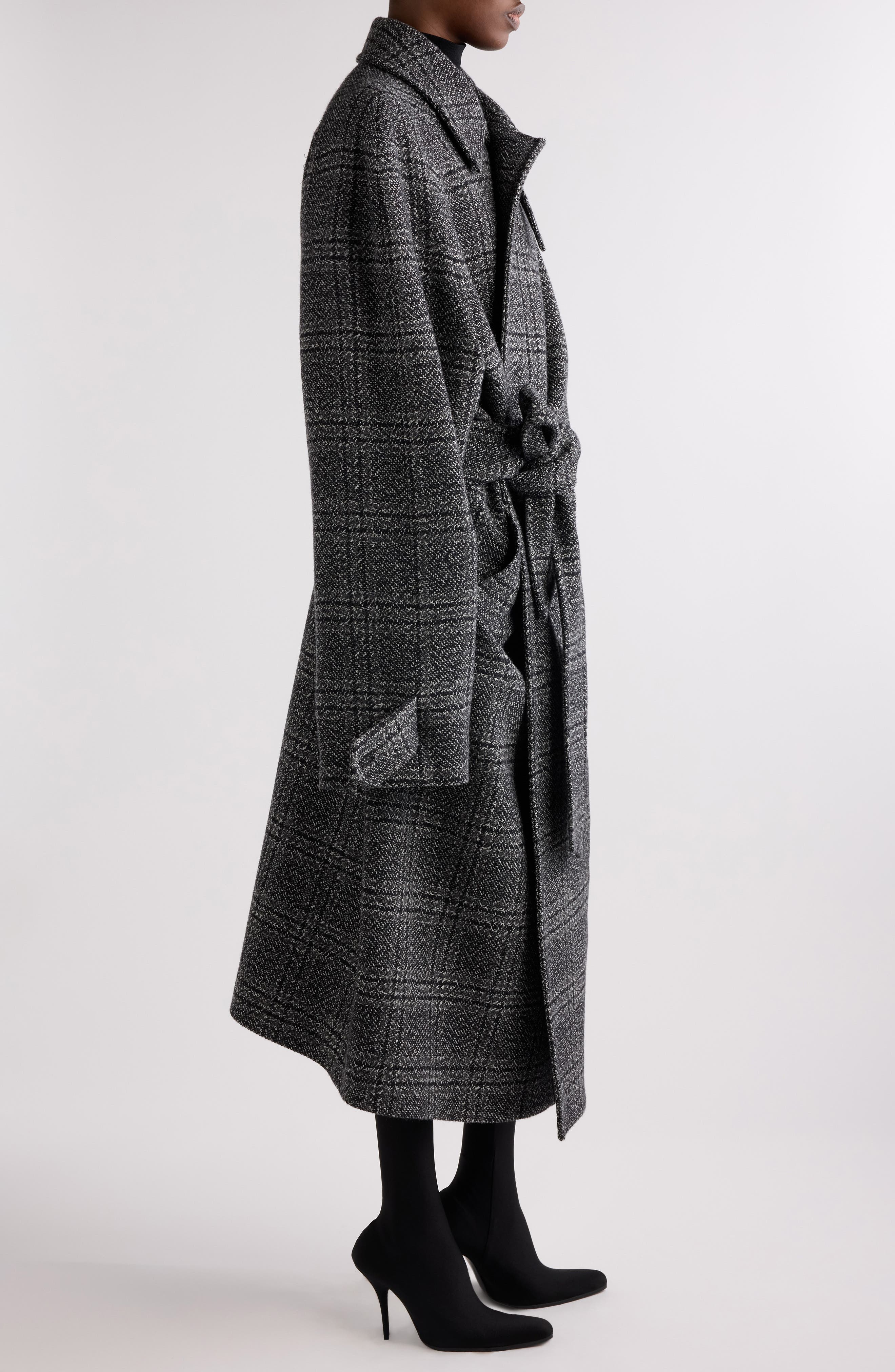 Balenciaga Check Oversize Wool Belted Coat in Black/Grey at Nordstrom - 3