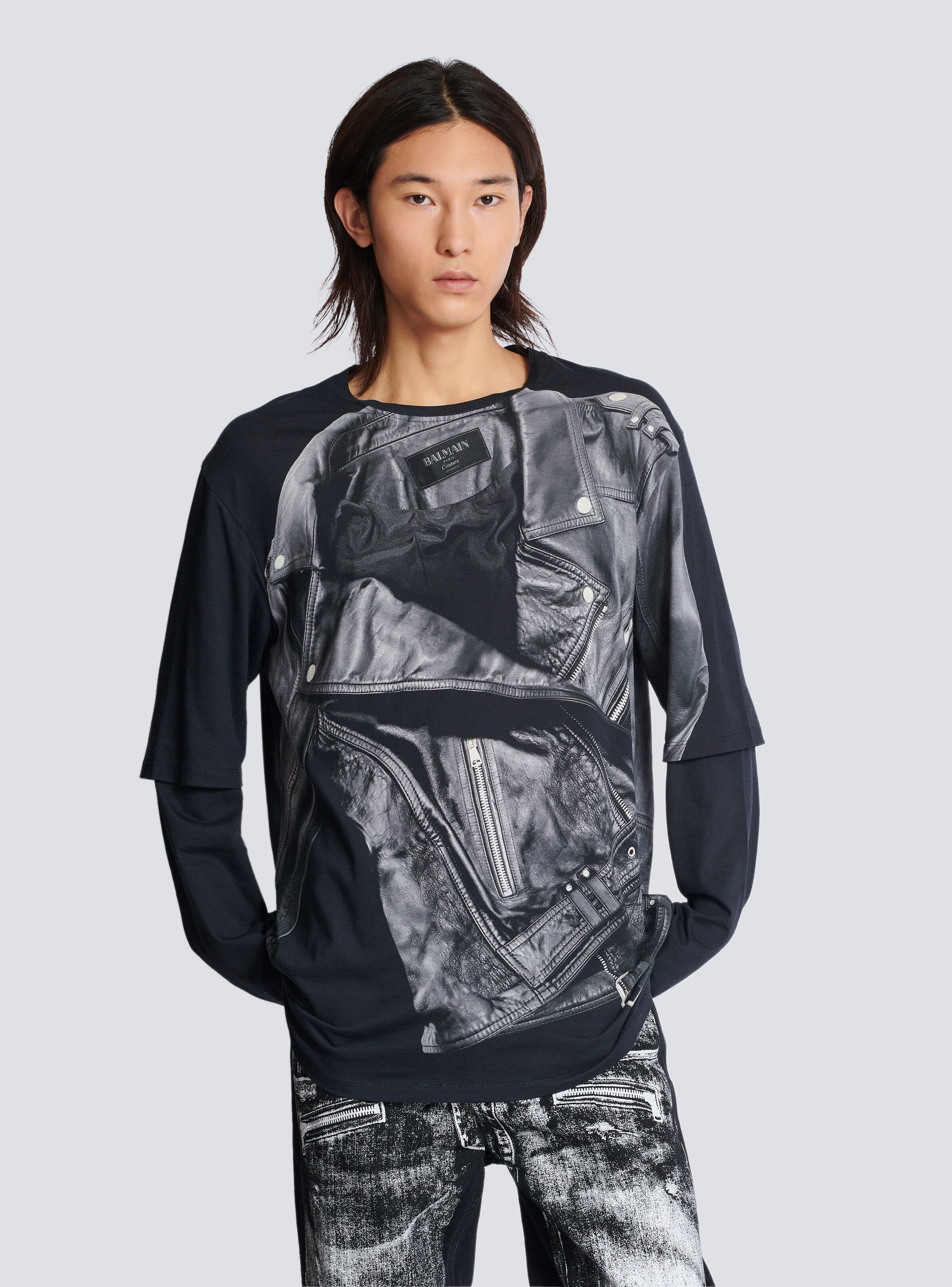 Long-sleeved T-shirt with biker jacket print - 6