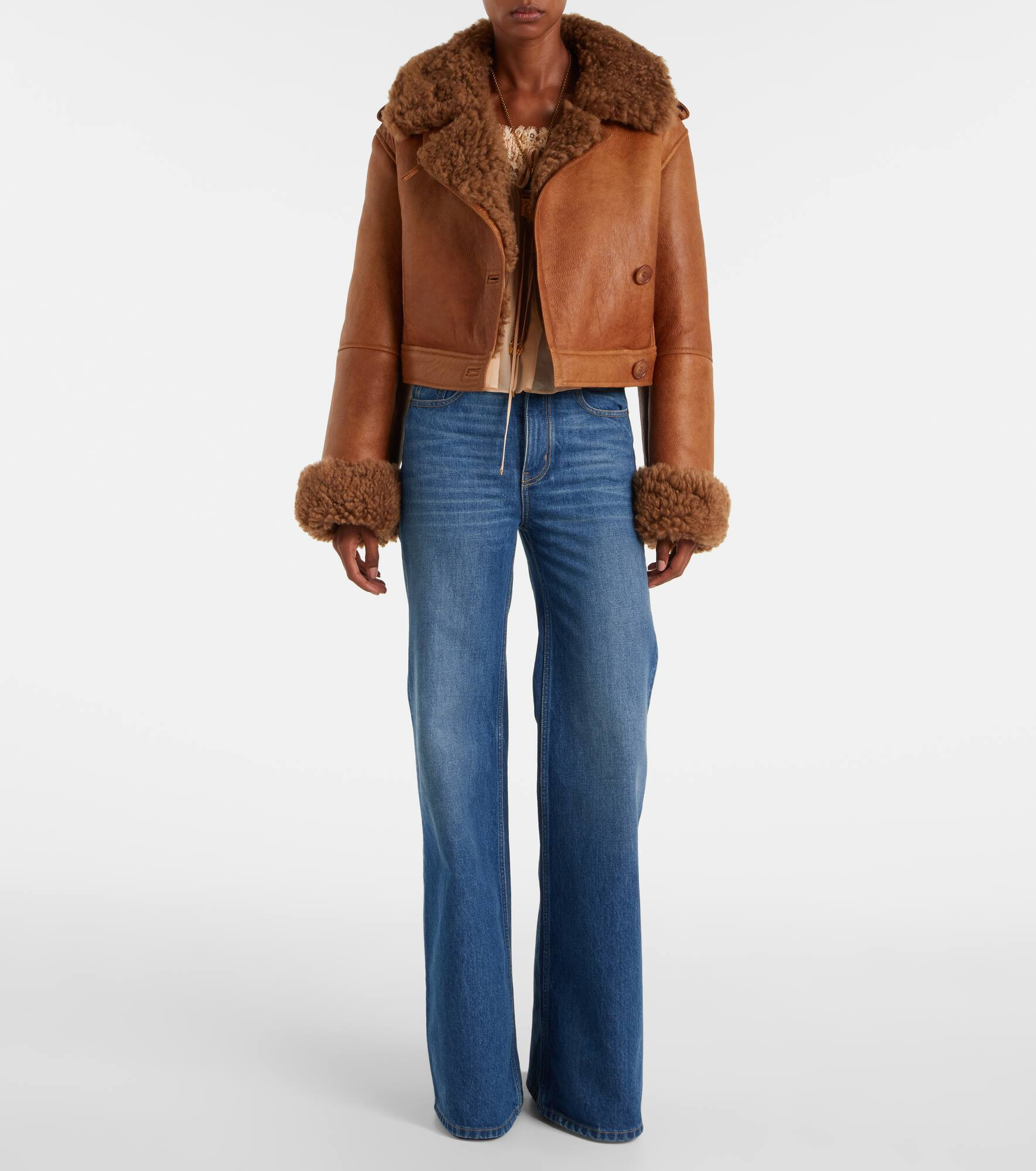 Cropped shearling-trimmed leather jacket - 2
