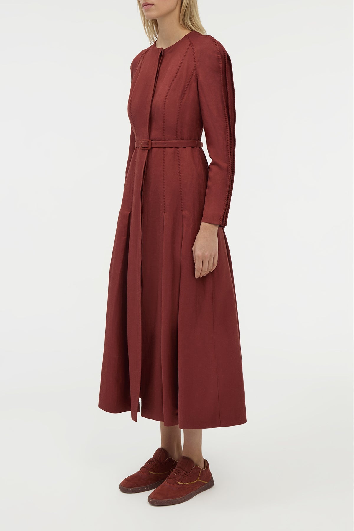 Niles Pleated Maxi Shirtdress in Burnt Sienna Linen Silk Twill - 3