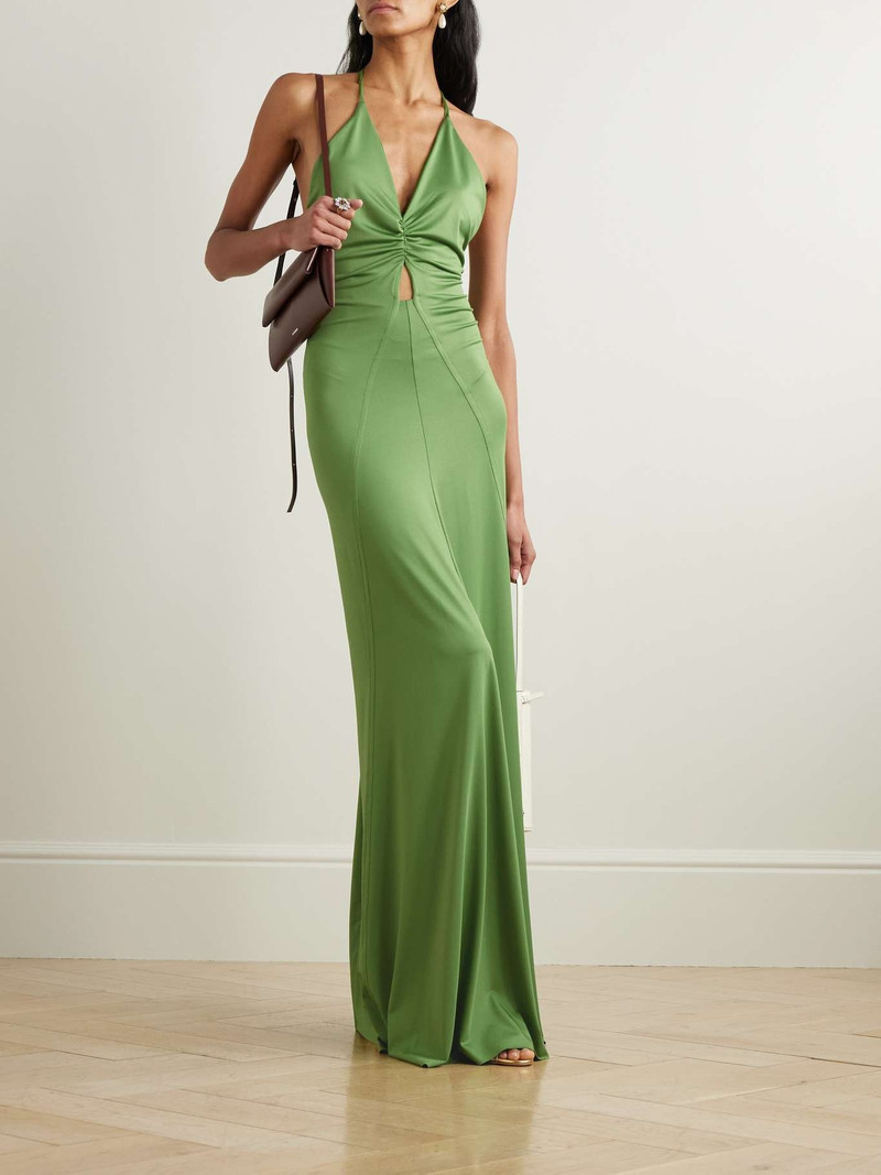 Victoria Beckham Cutout ruched stretch-satin gown Green outlook