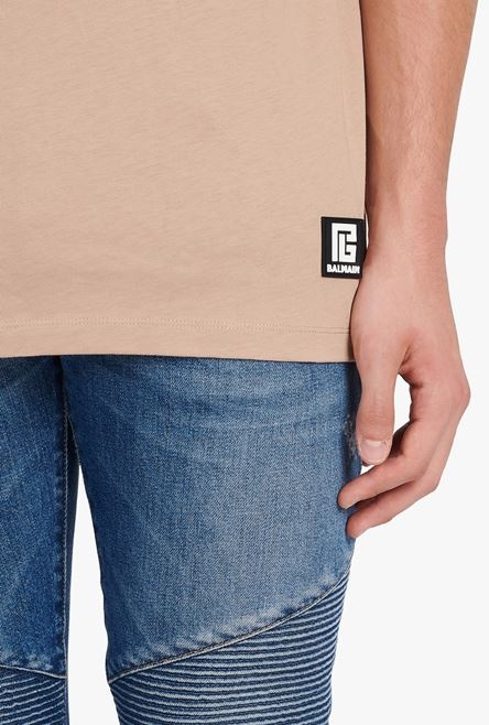 Oversized sand-colored eco-designed cotton T-shirt with black Balmain logo print - 8