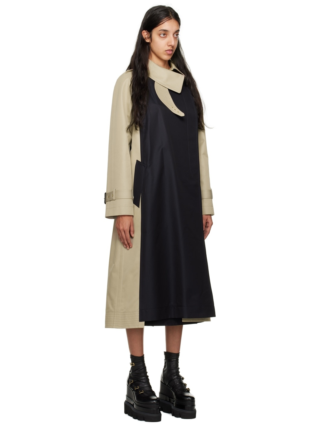 Navy & Beige Paneled Trench Coat - 2