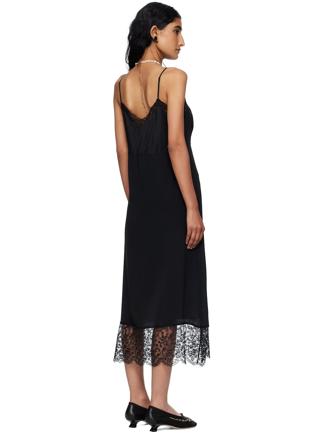 Black Deep Lace Trim Slip Midi Dress - 3