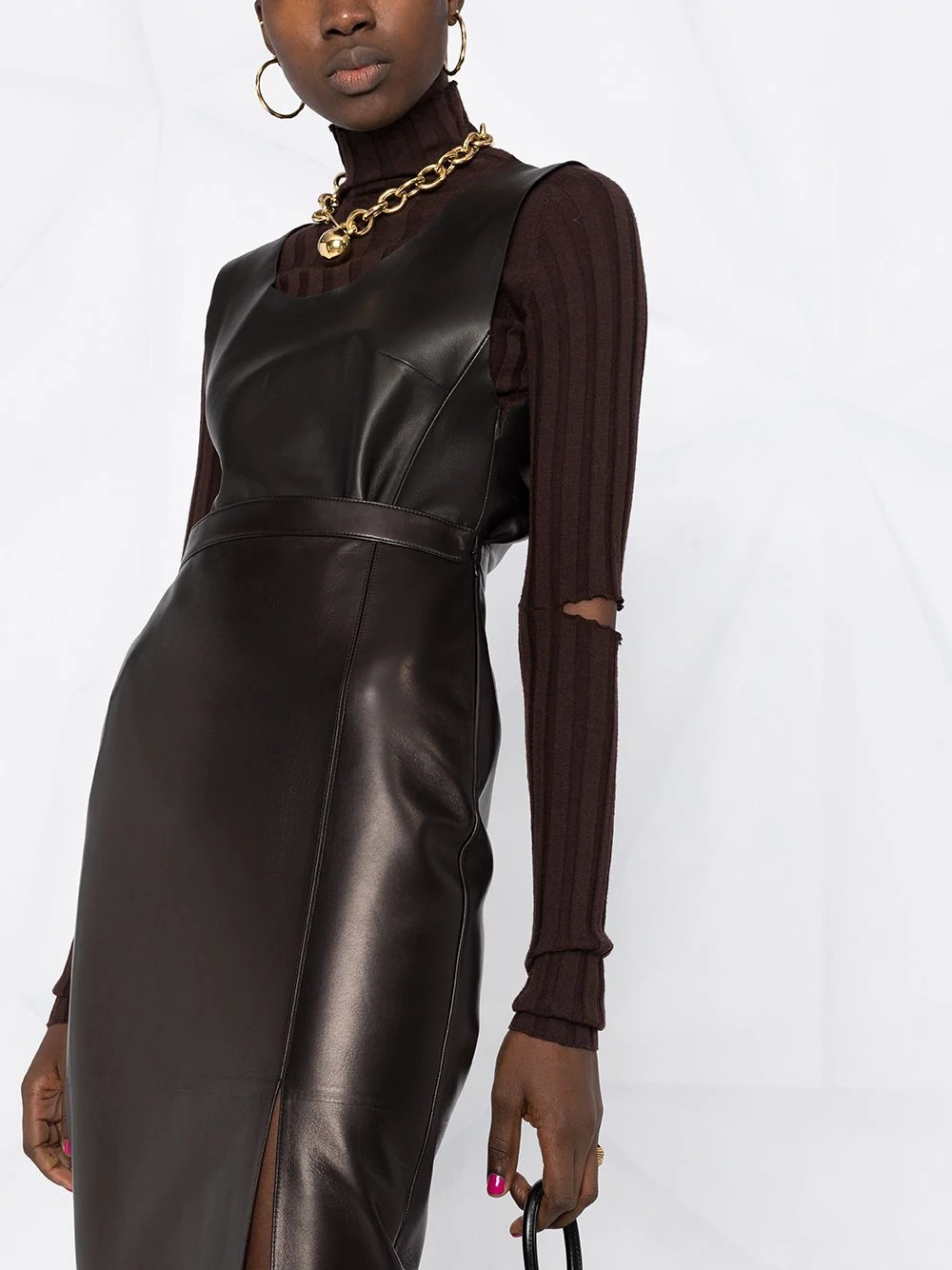 slit-detail leather skirt - 3