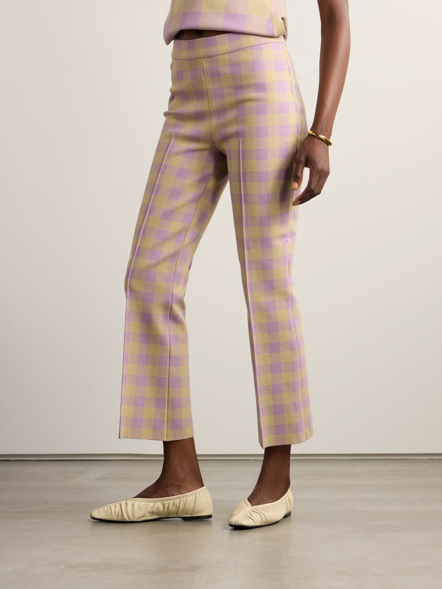 Kick cropped checked stretch-cotton flared pants Purple - 3