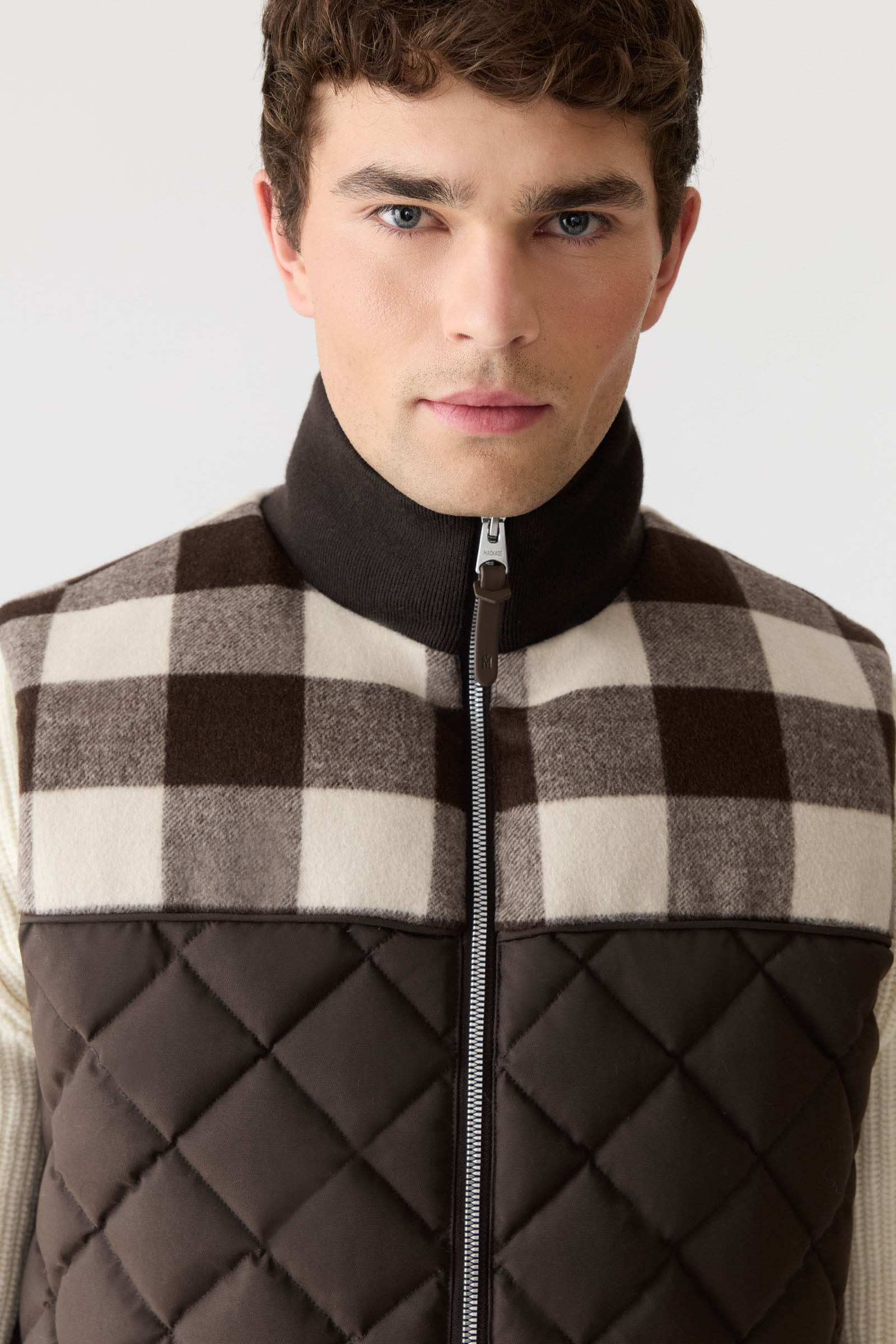 RICARDO-PL Quilted Down Vest With Plaid Yoke - 5