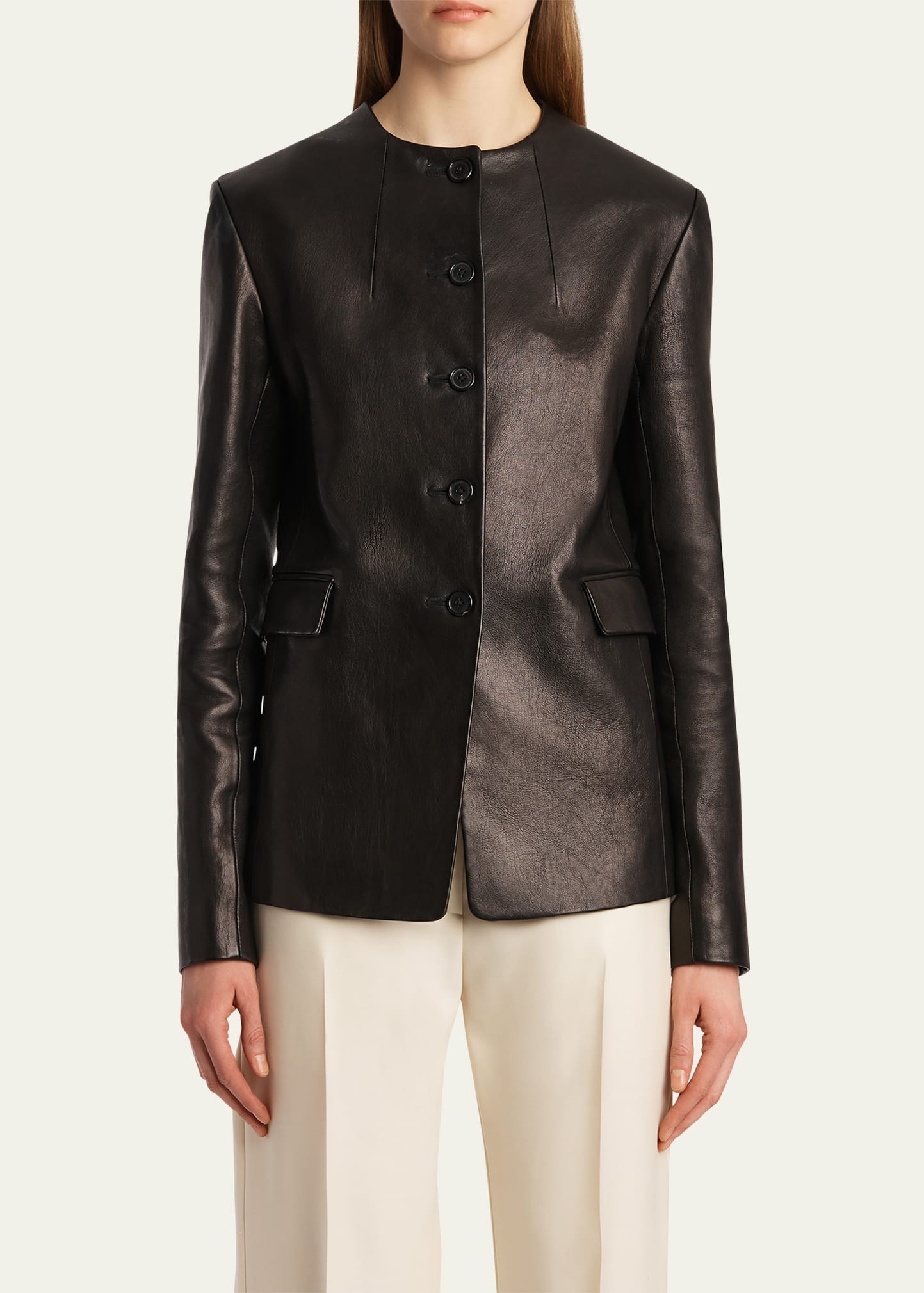 Jameson Single-Breasted Leather Collarless Jacket - 4