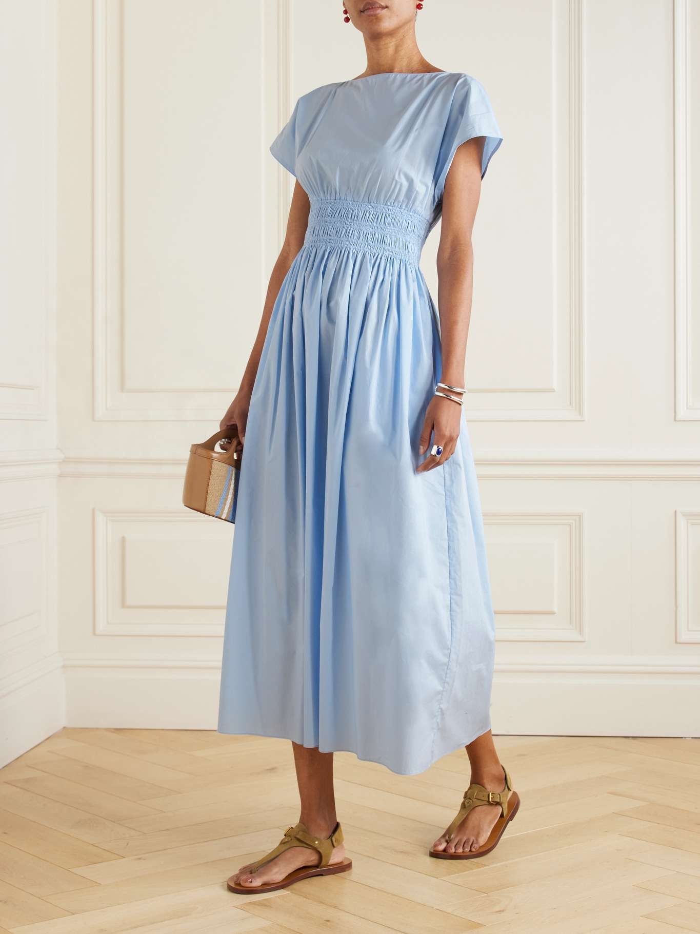 Shirred organic cotton-poplin maxi dress Light blue - 2