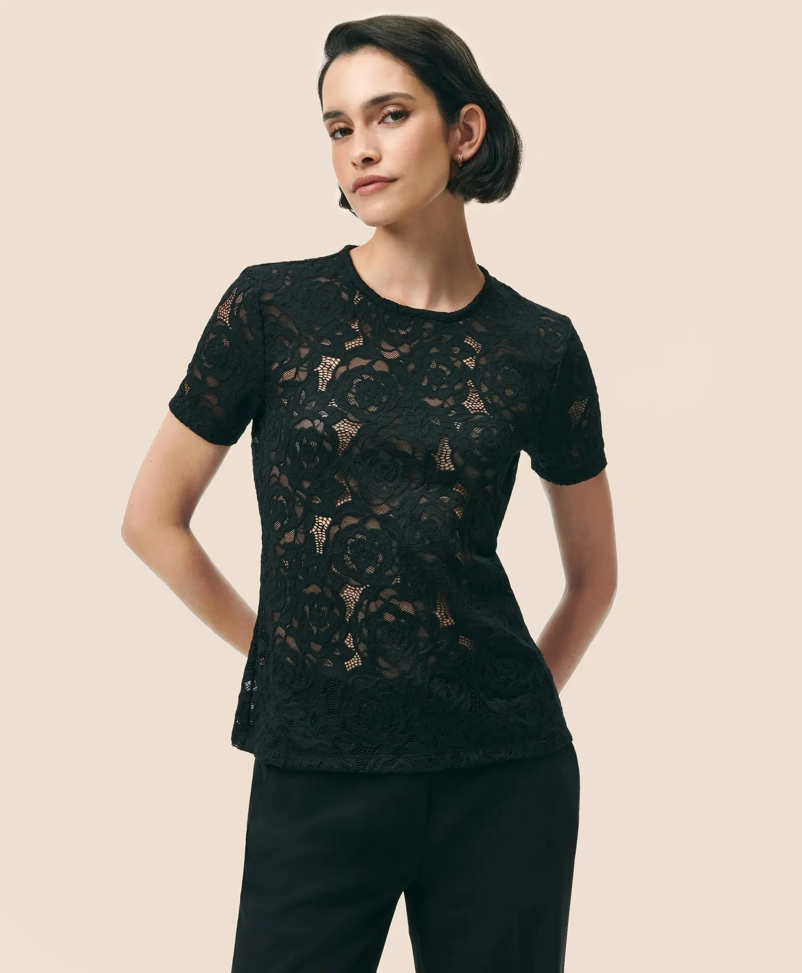 Semi-Sheer Short-Sleeve Top in Floral Lace - 1