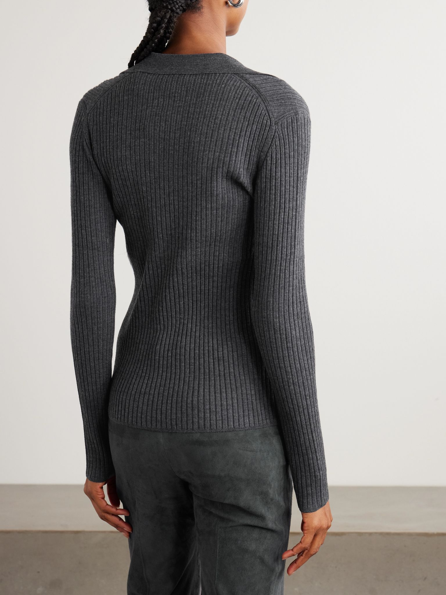 Ribbed merino wool-blend polo top Charcoal - 3