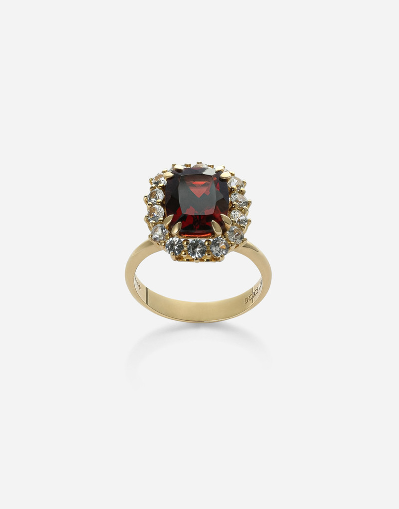 Gems Ring 18 carat yellow gold, red rhodolite garnet and colorless sapphires 1