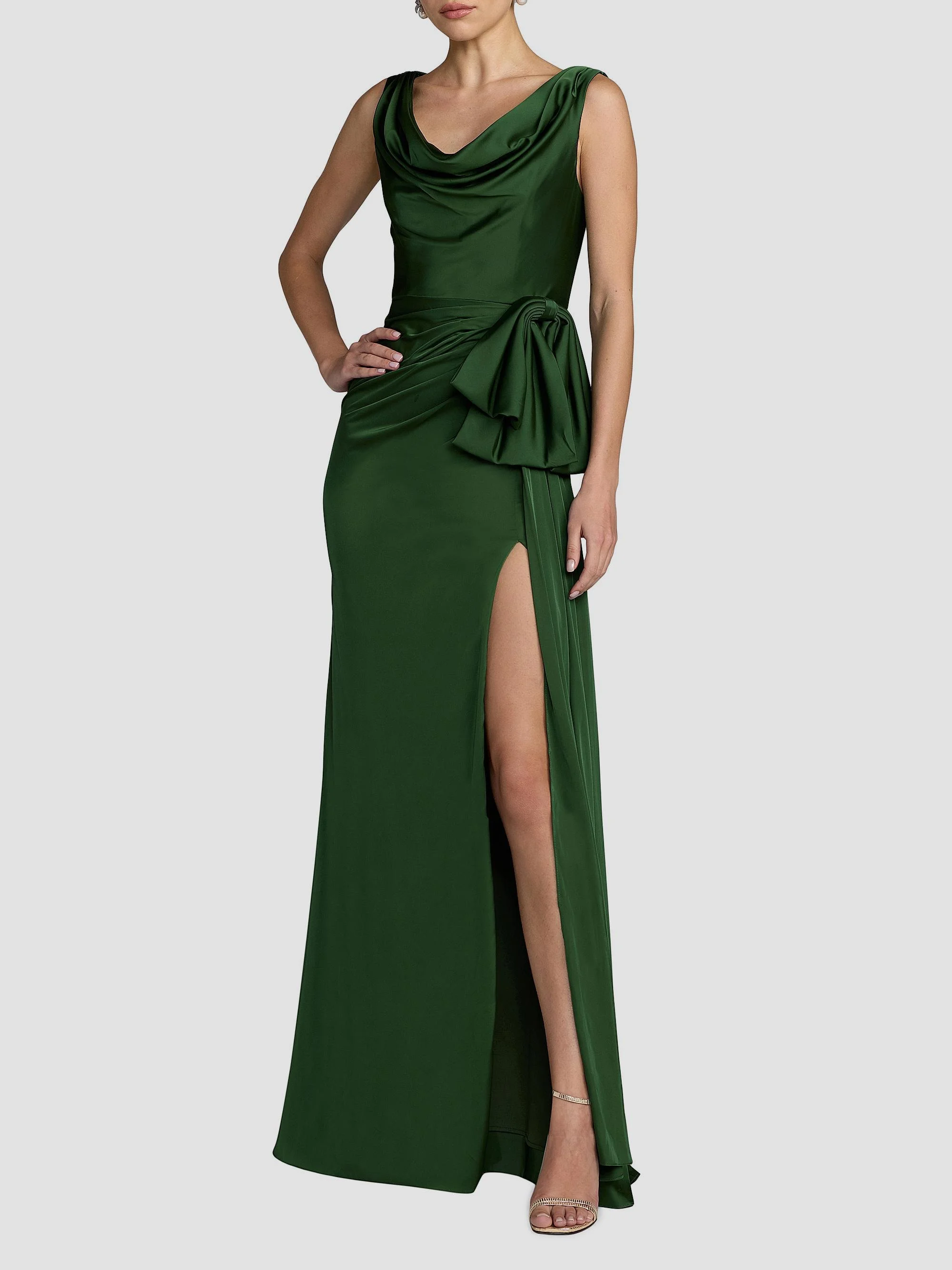 Women's Charmeuse Sleeveless Cowlneck Gown - Emerald - 1