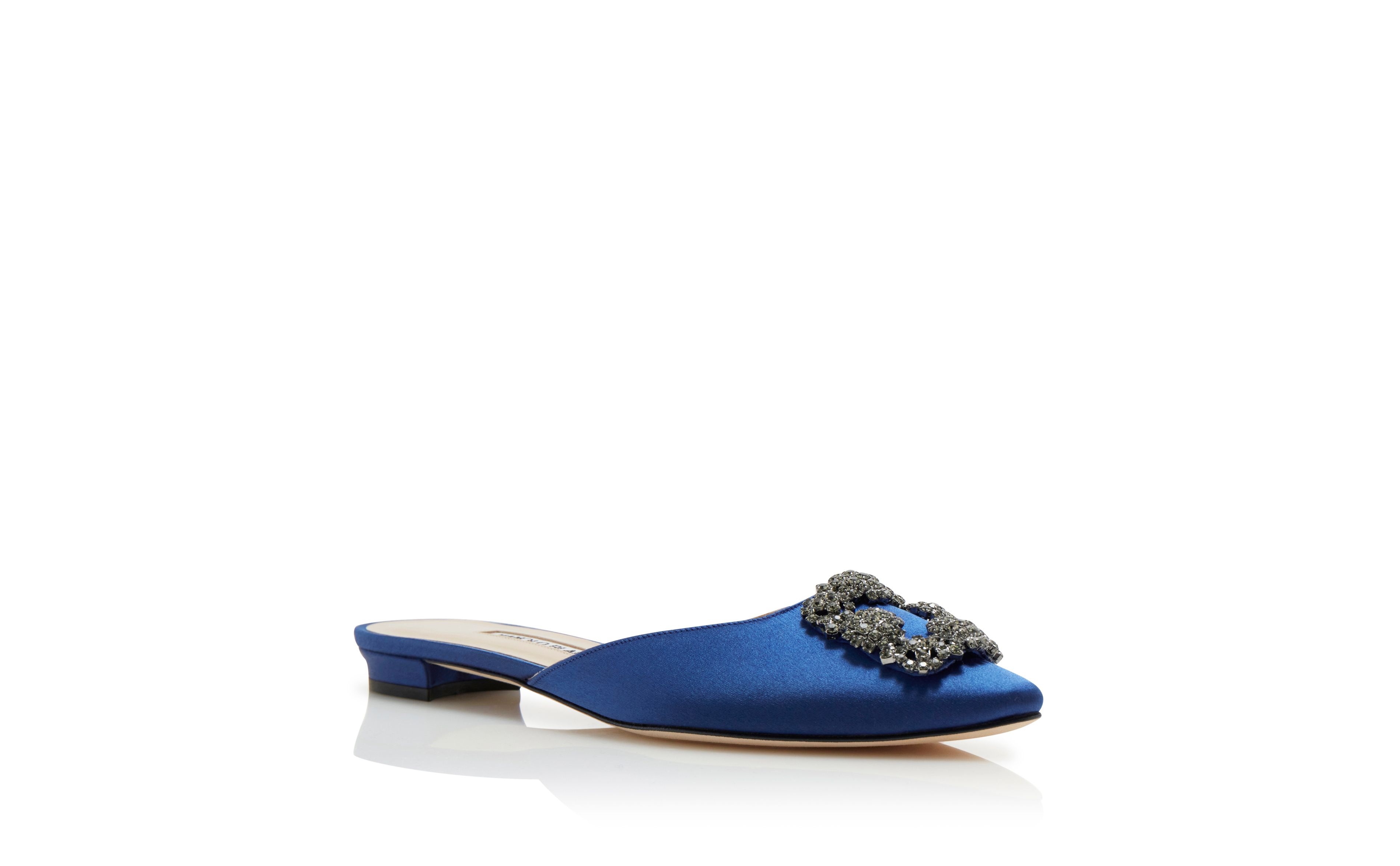 Blue Satin Jewel Buckle Flat Mules - 3
