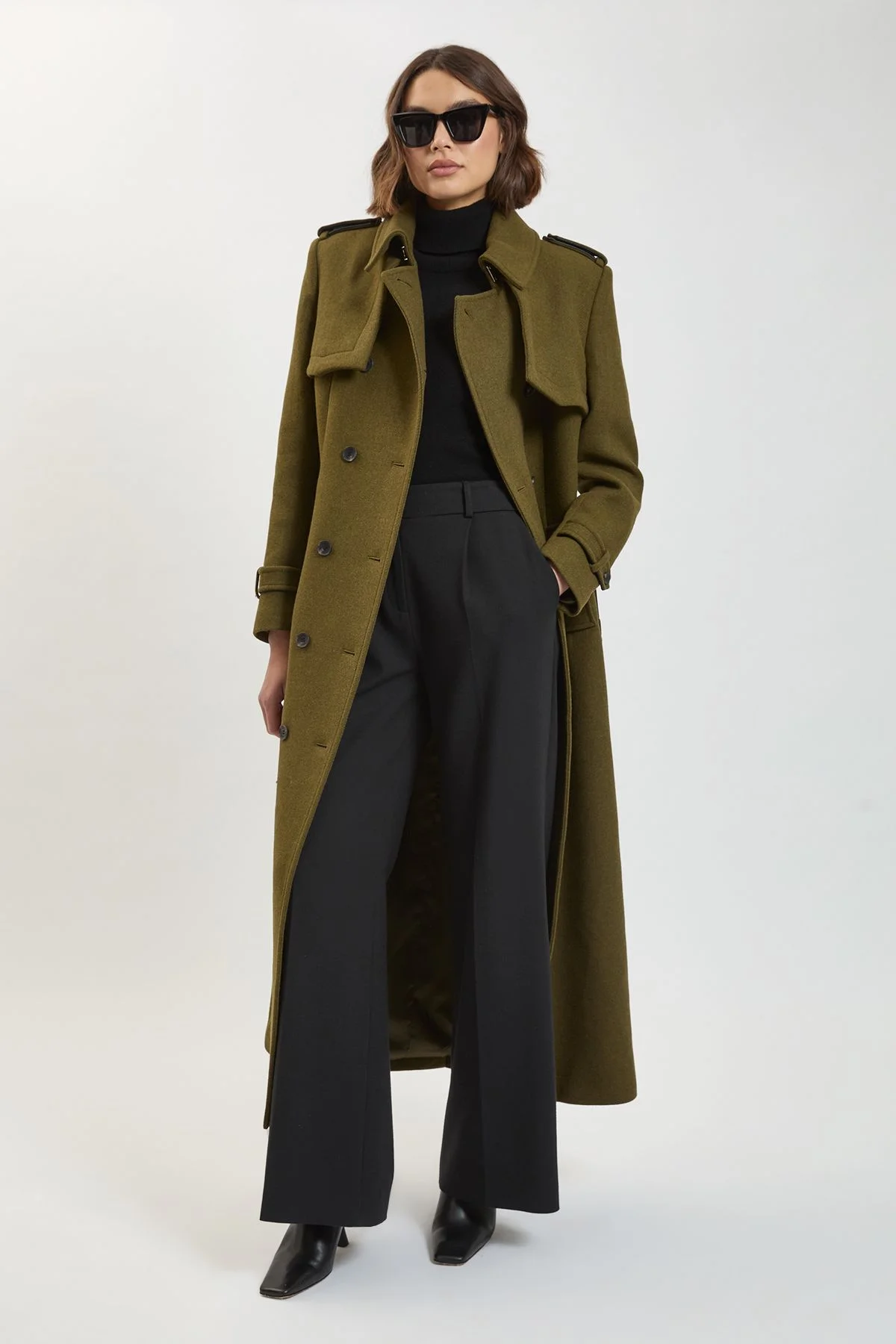 Wool Pu Mix Tailored Belted Trench Maxi Coat - 1