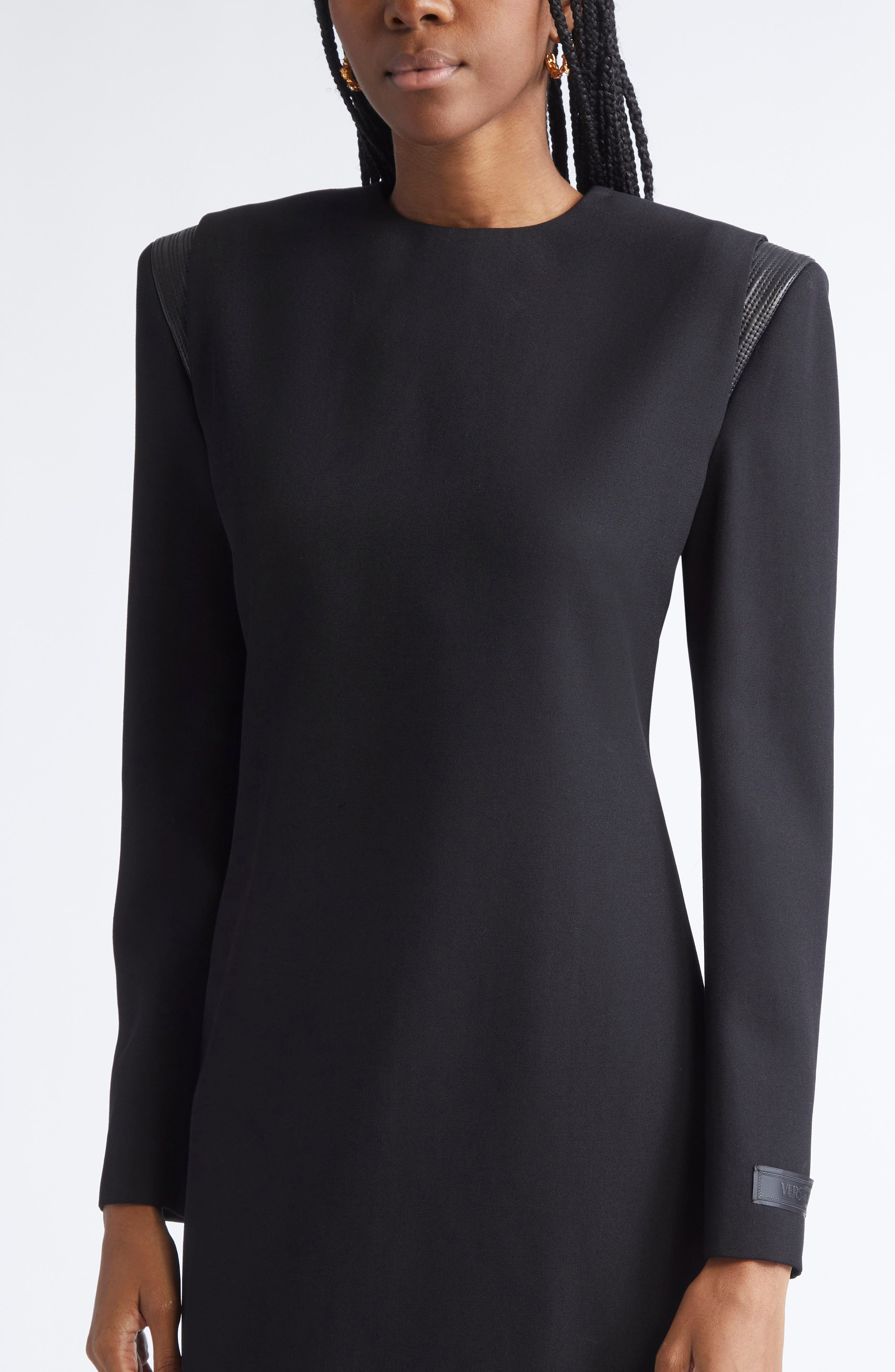 Versace Leather Trim Long Sleeve Wool Grain de Poudre Minidress in Black at Nordstrom - 4