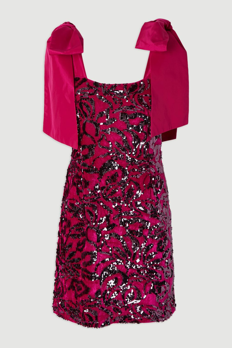 Velvet Sequin Woven Mini Dress With Taffeta Bow Tie Detail 4