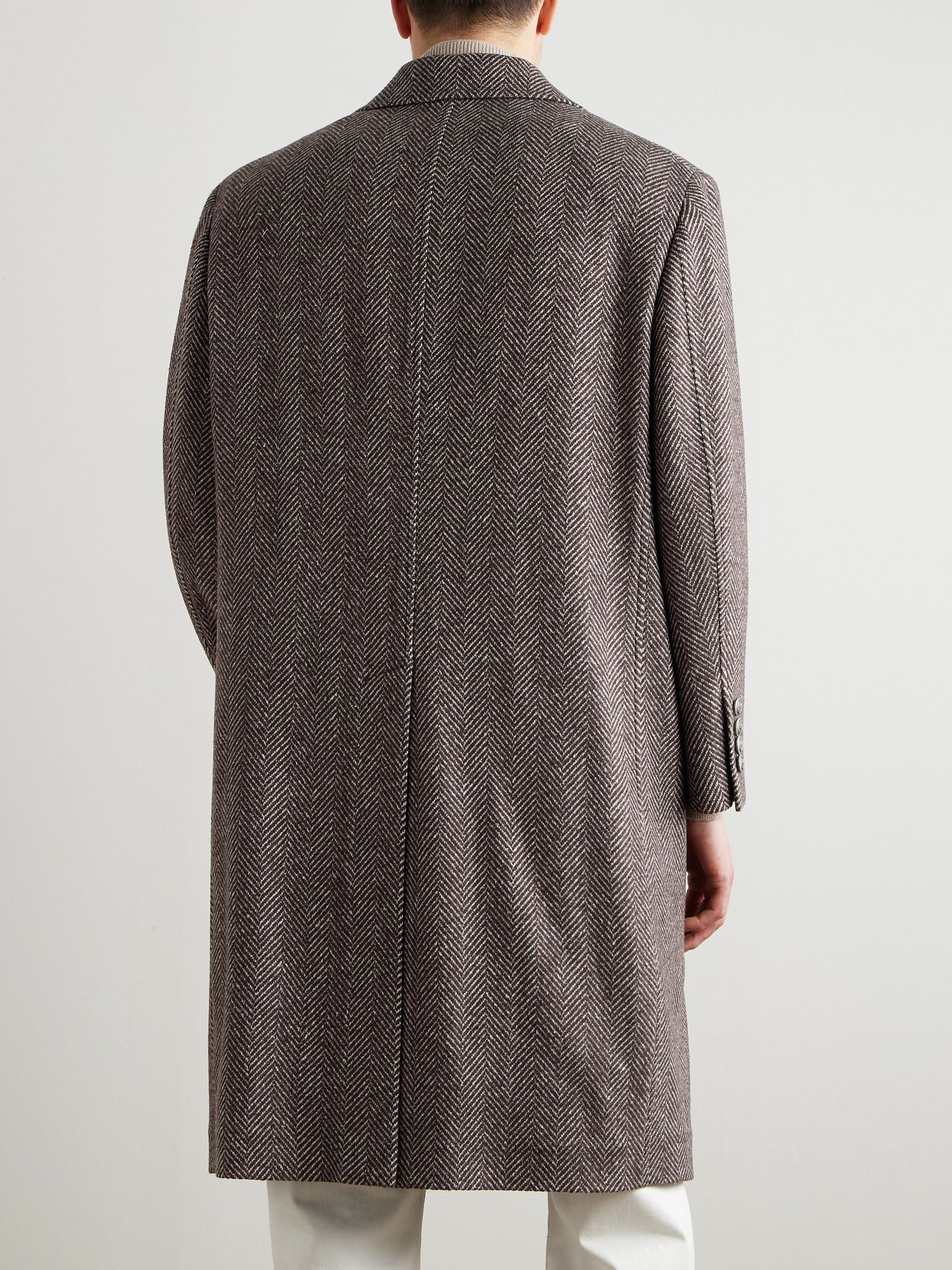Herringbone Cashmere and Silk-Blend Coat Brown - 3