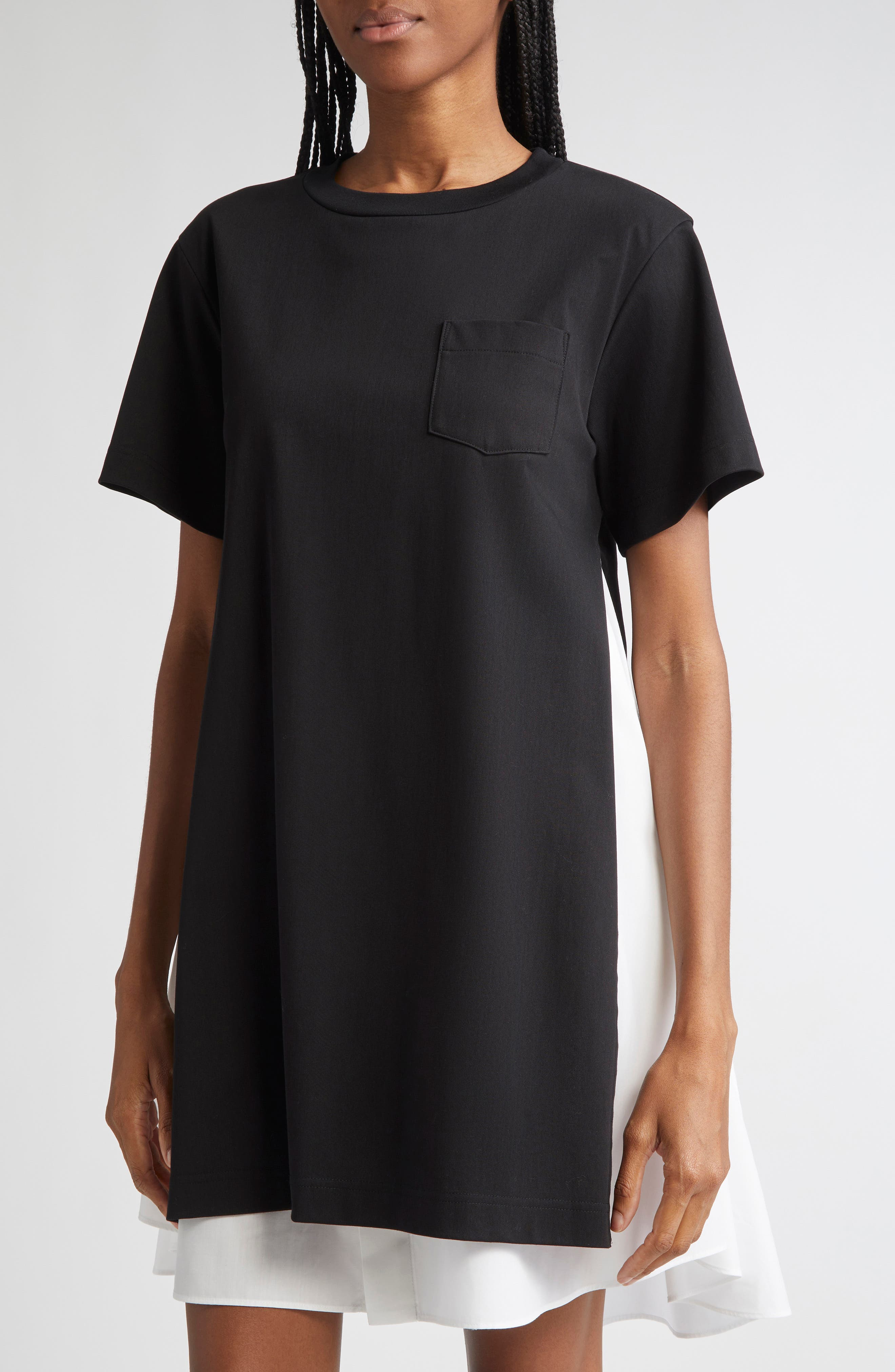 Sacai Mixed Media Poplin & Jersey Dress in Black/Off White at Nordstrom - 4