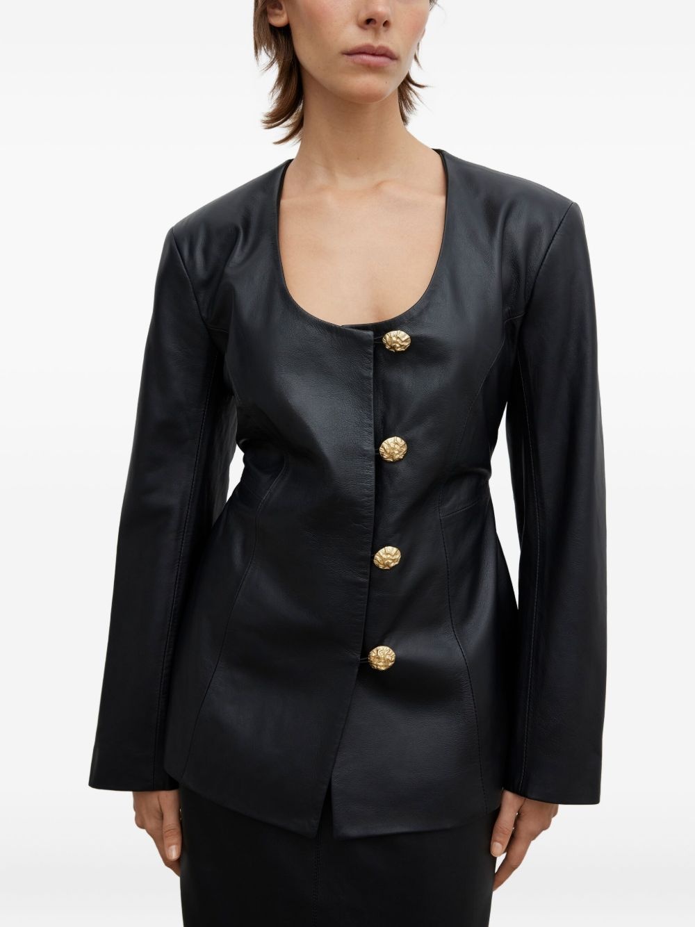 scoop-neck leather jacket - 5