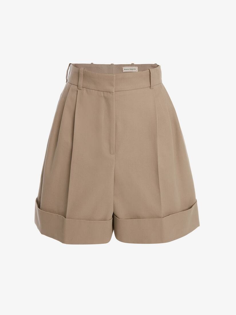 Cotton Panama Double Pleat Shorts in Stone - 1