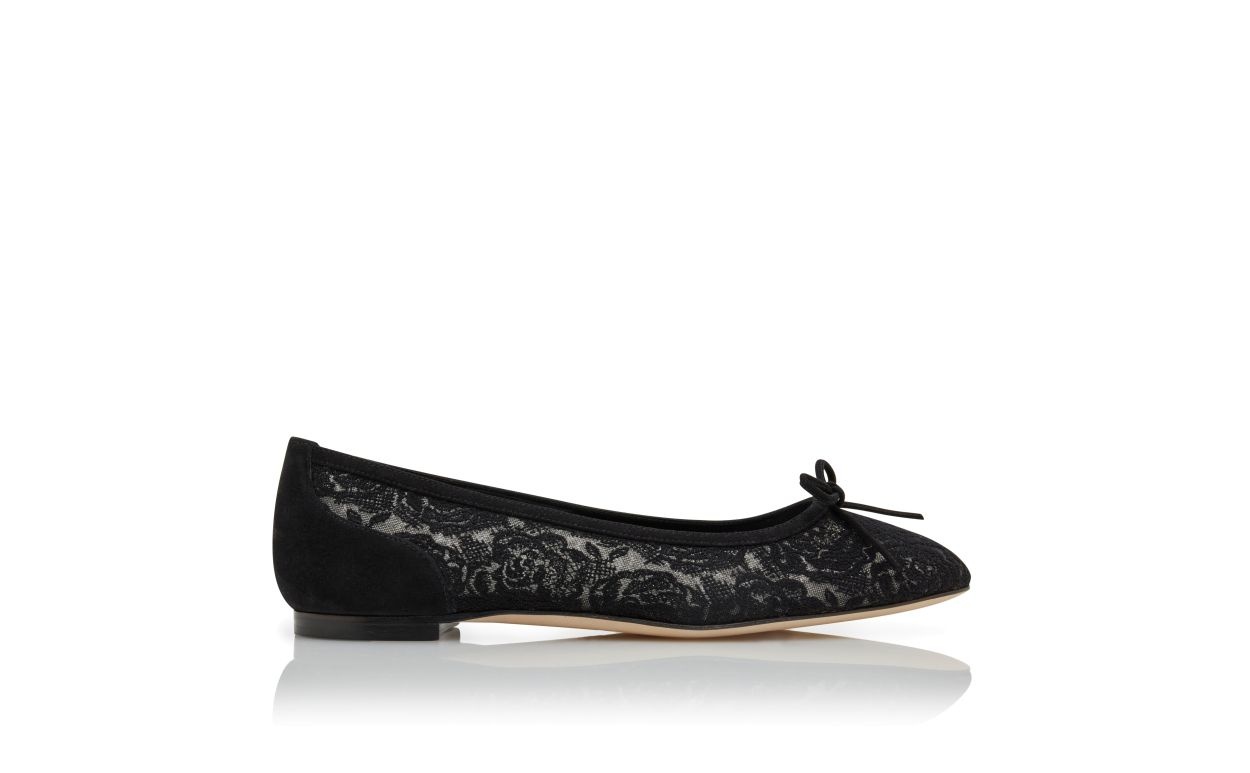 Black Lace Pointed Toe Flat Pumps - 1