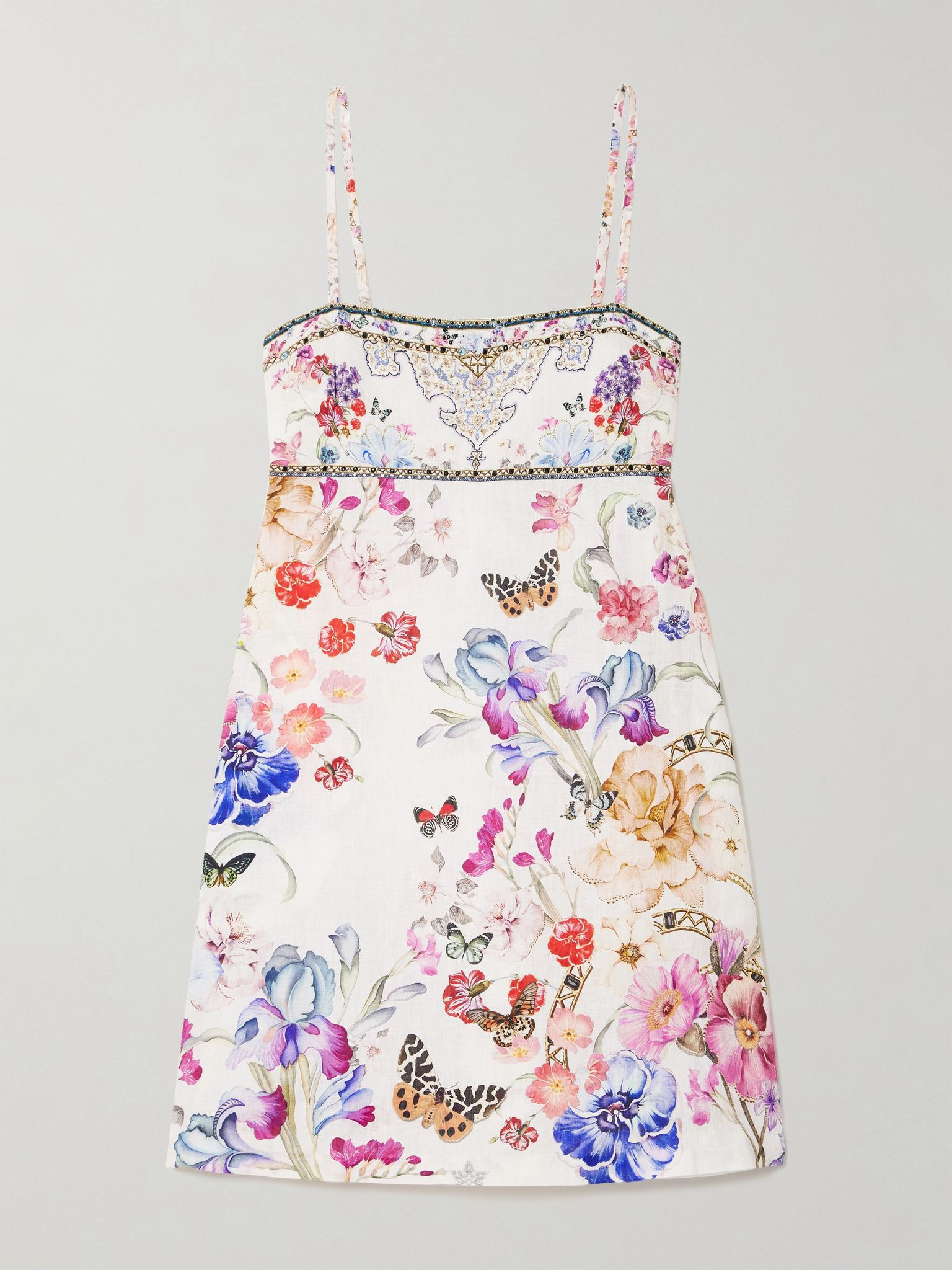 Embellished floral-print linen mini dress White - 1