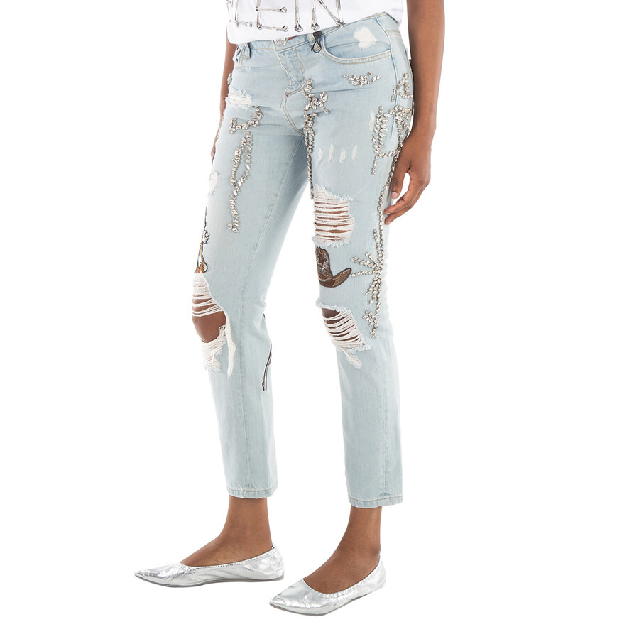 Philipp Plein Boyfriend Cowboy Patch-Embellished Jeans, Waist Size 26" - 5