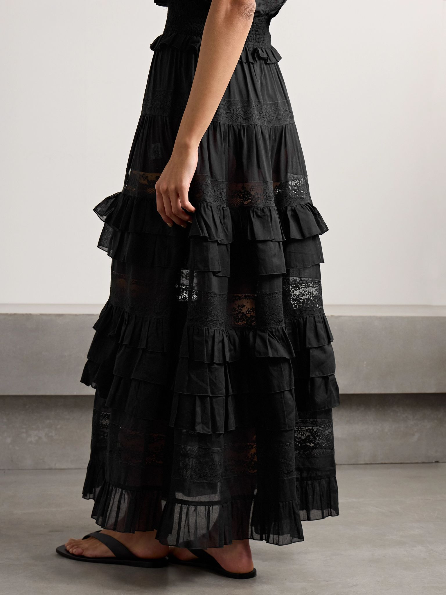 Tina tiered ruffled lace-trimmed cotton-voile maxi skirt Black - 4