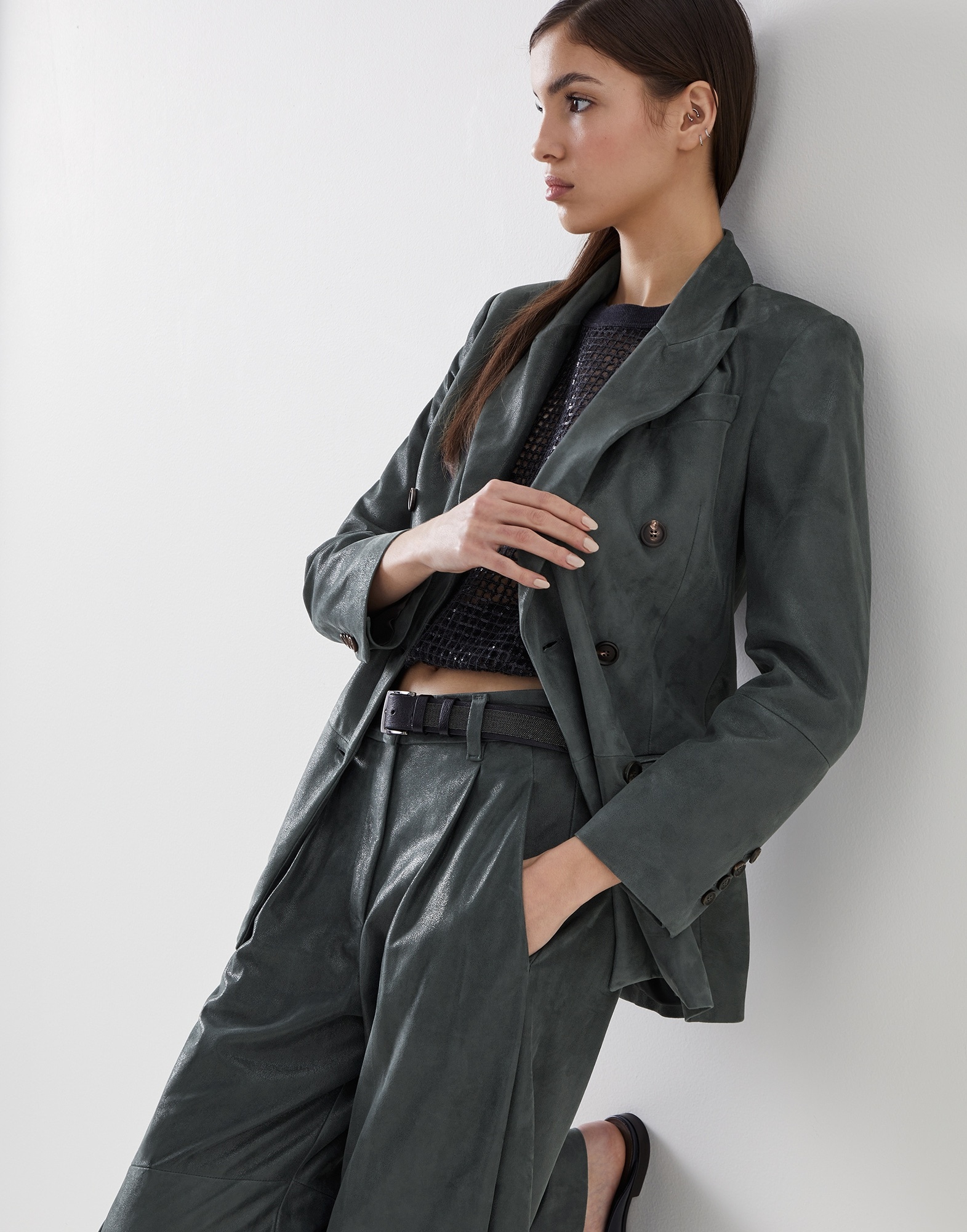 Wet-effect suede blazer with monili - 4