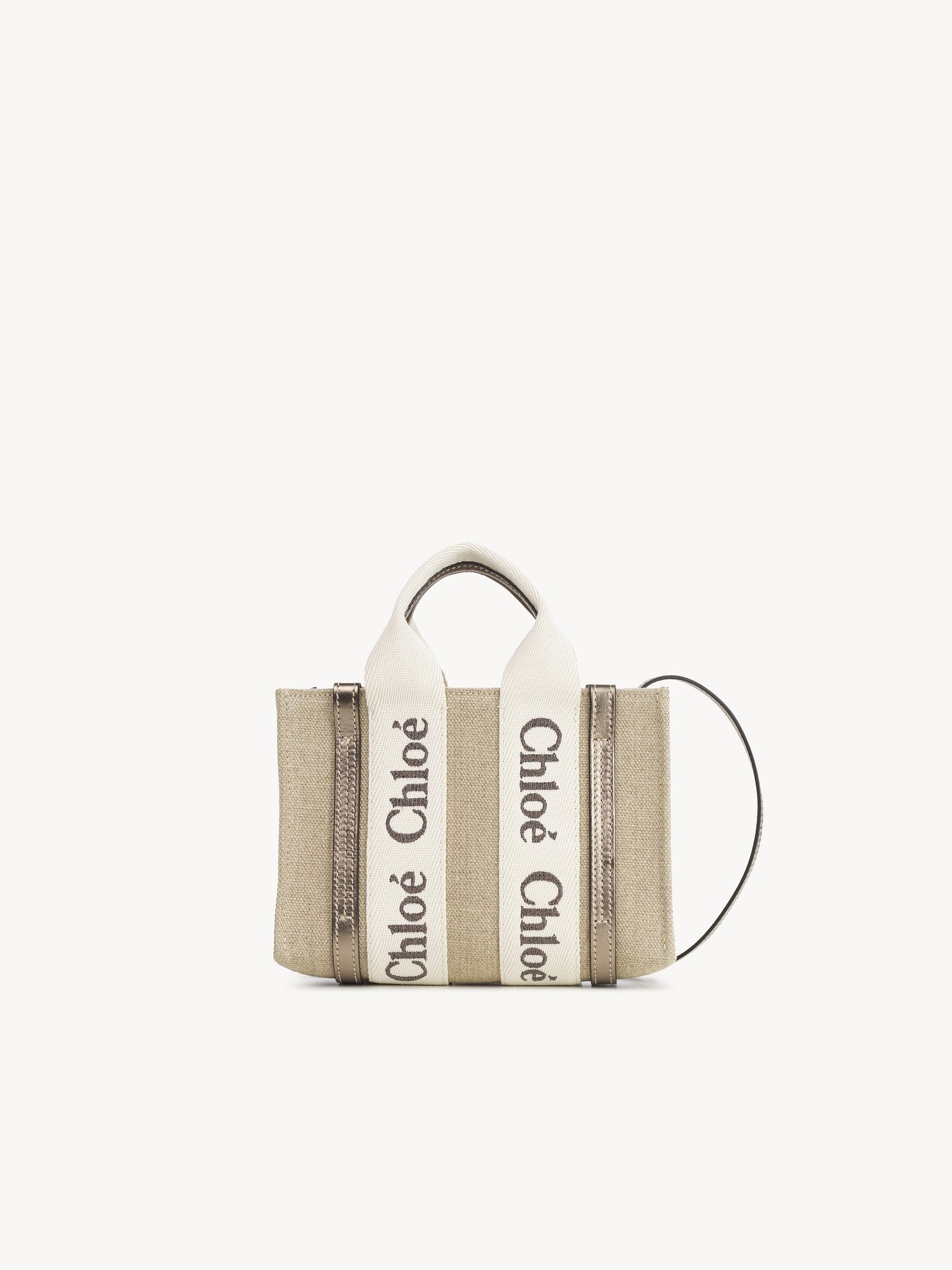 MINI WOODY TOTE BAG IN LINEN & LEATHER - 1