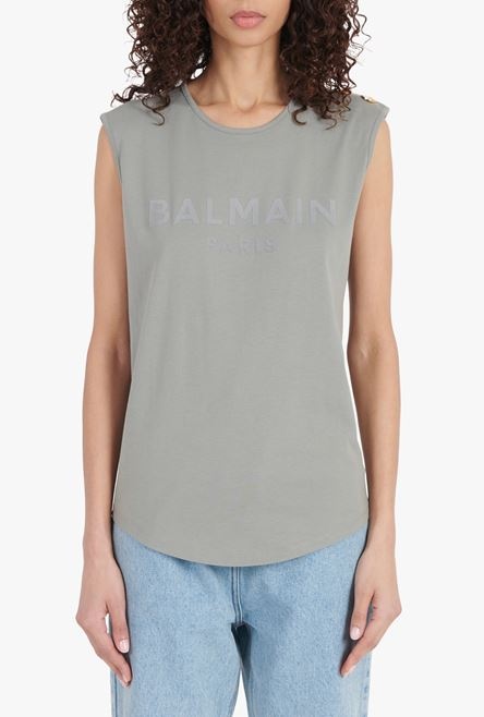 Taupe gray cotton T-shirt with flocked light gray Balmain logo - 5