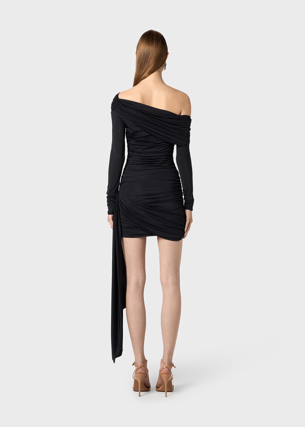 ONE-SHOULDER DRESS WITH DRAPES AND SASH - 4