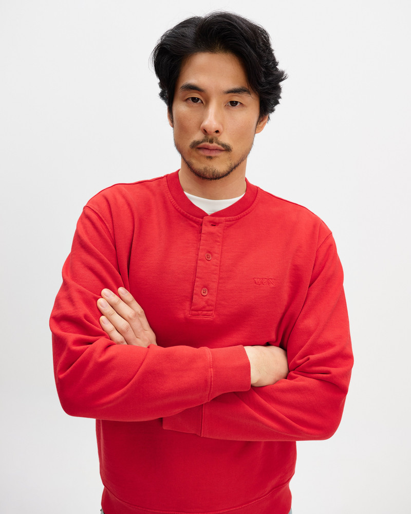 Wax London Bedford - Washed Red Loopback Organic Cotton Henley Sweatshirt outlook