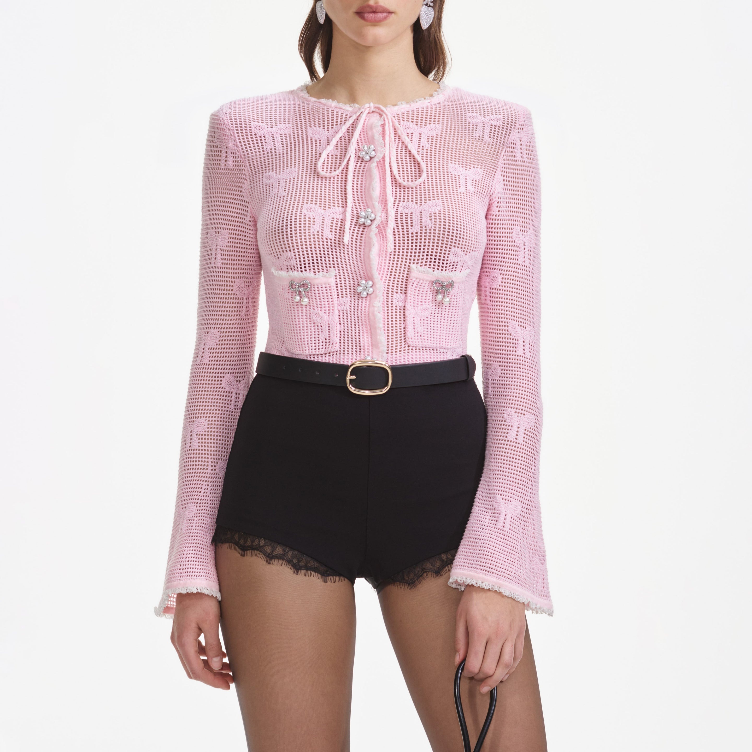 Black Stretch Crepe Lace Short - 4