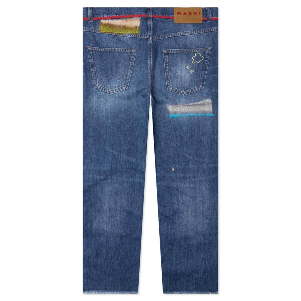 BLUE ORGANIC DENIM JEANS WITH MOHAIR PATCHES - IRIS BLUE - 2