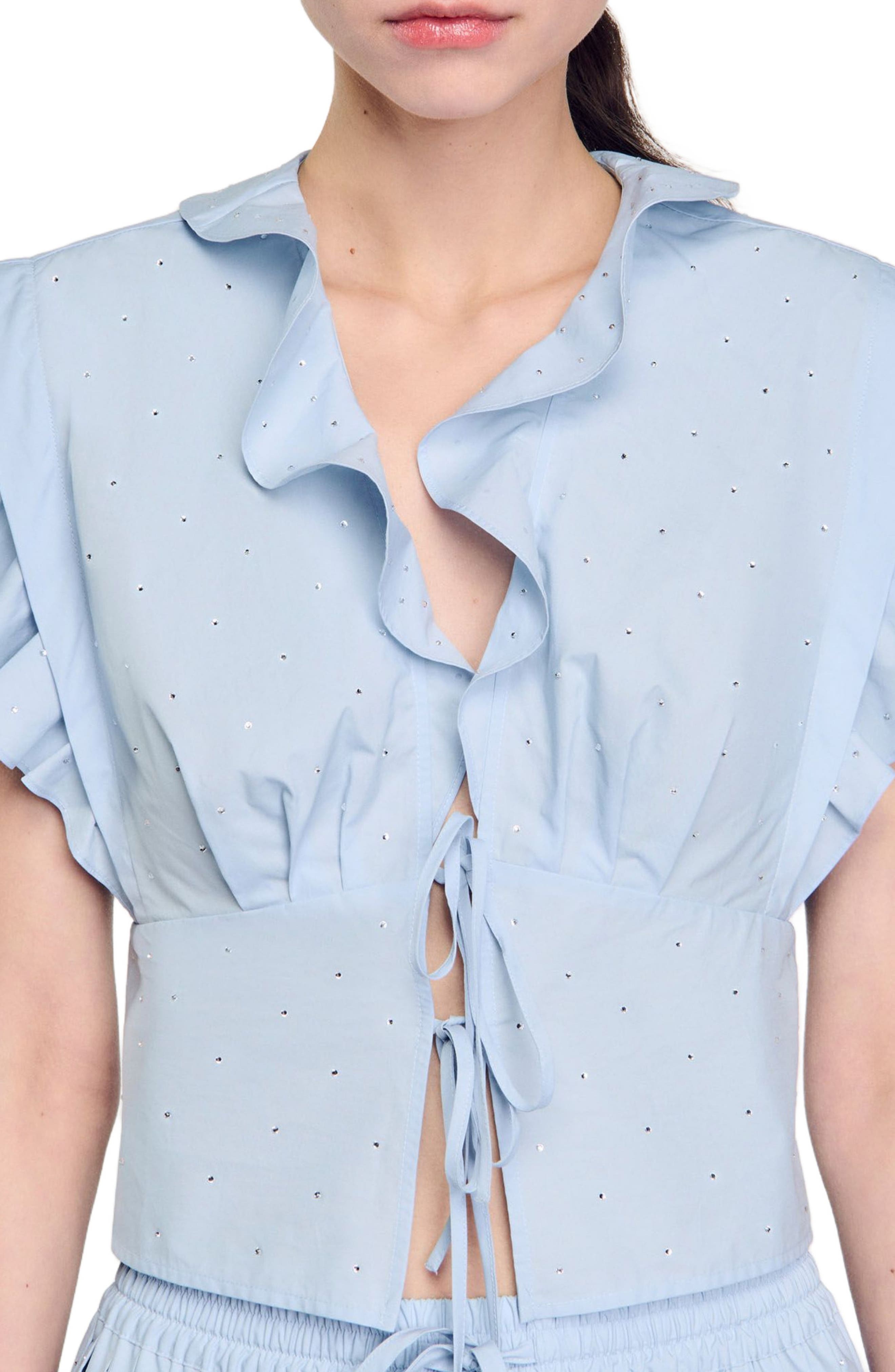 SANDRO Rhinestone ruffle top in Sky Blue at Nordstrom - 4