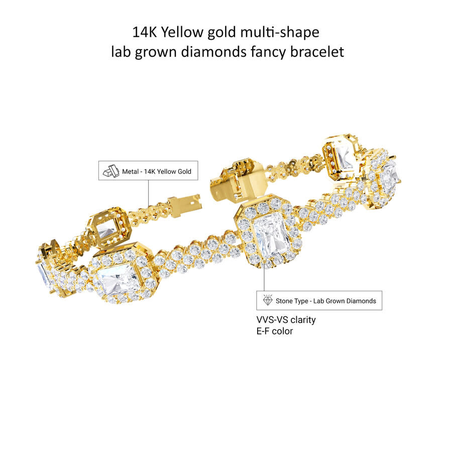 Diamond2Deal - Diamond2Deal 14k Yellow Gold 13 Carat Radiant Cut Lab Grown Diamond Fancy Link Bracelet 7" VVS-VS, E - 3