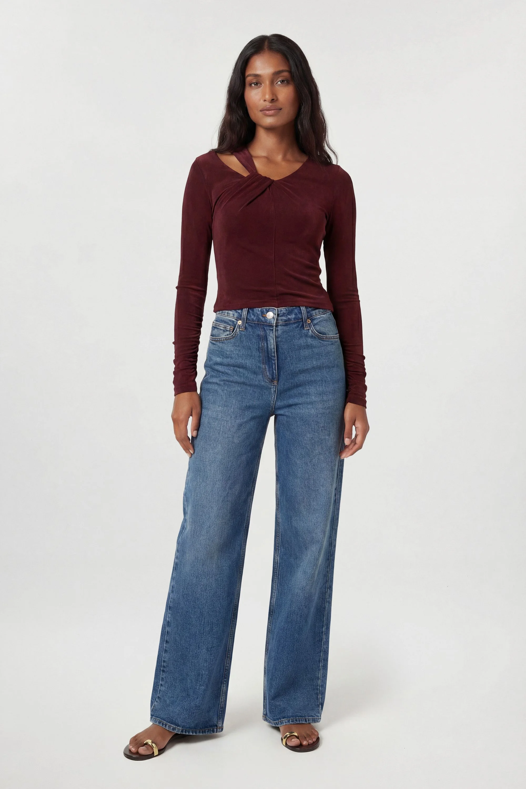 Slinky Crepe Twist Detail Long Sleeve Top - 1