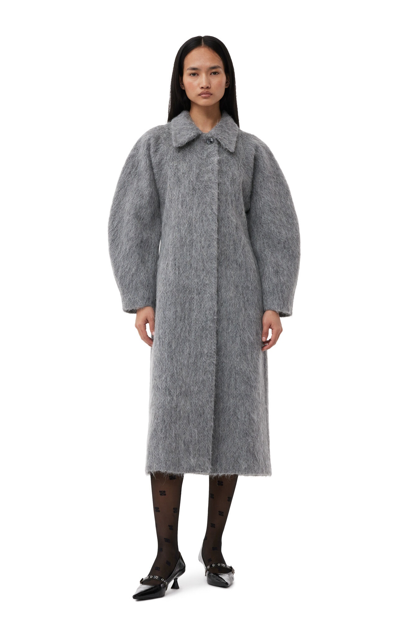 GREY FLUFFY WOOL CURVED SLEEVES COAT - 2