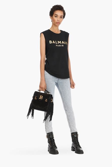 Black cotton T-shirt with gold Balmain logo print - 2