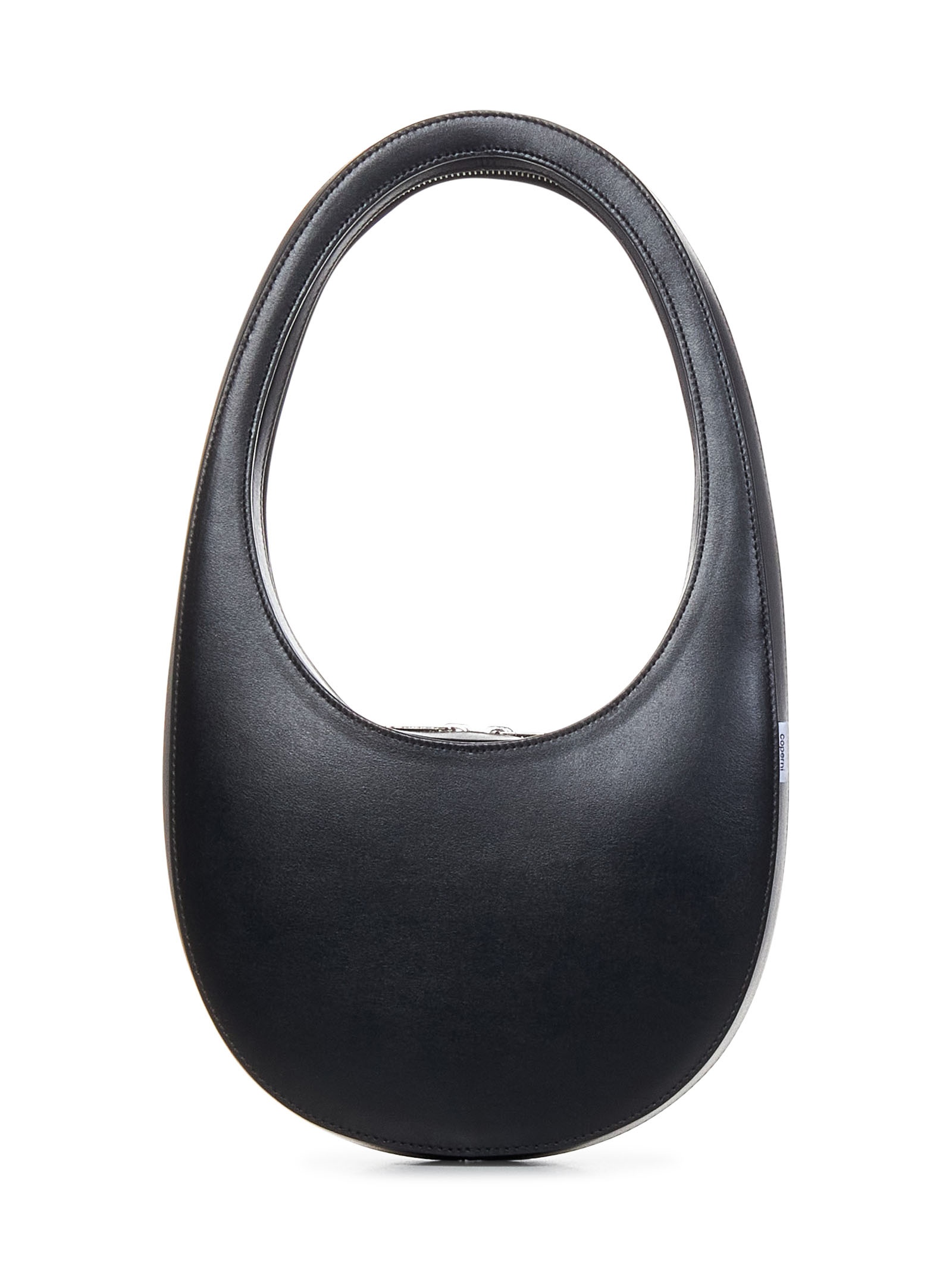 Oval handbag in black leather with silver logo print on the front. - 3