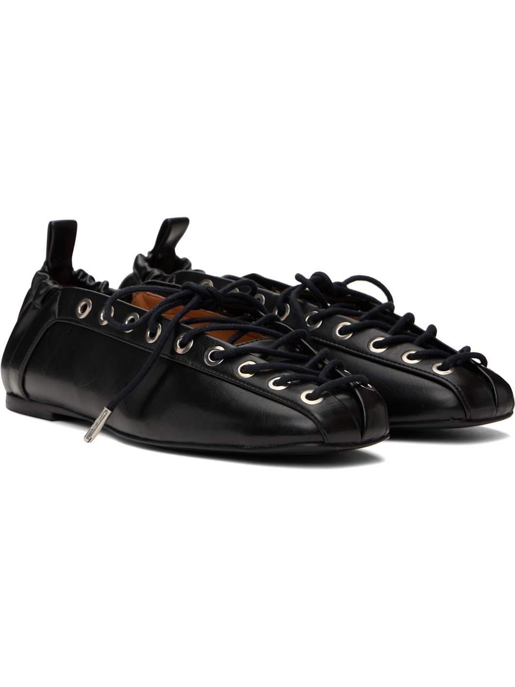 Black Oleatex Lace-Up Ballerina Flats - 4